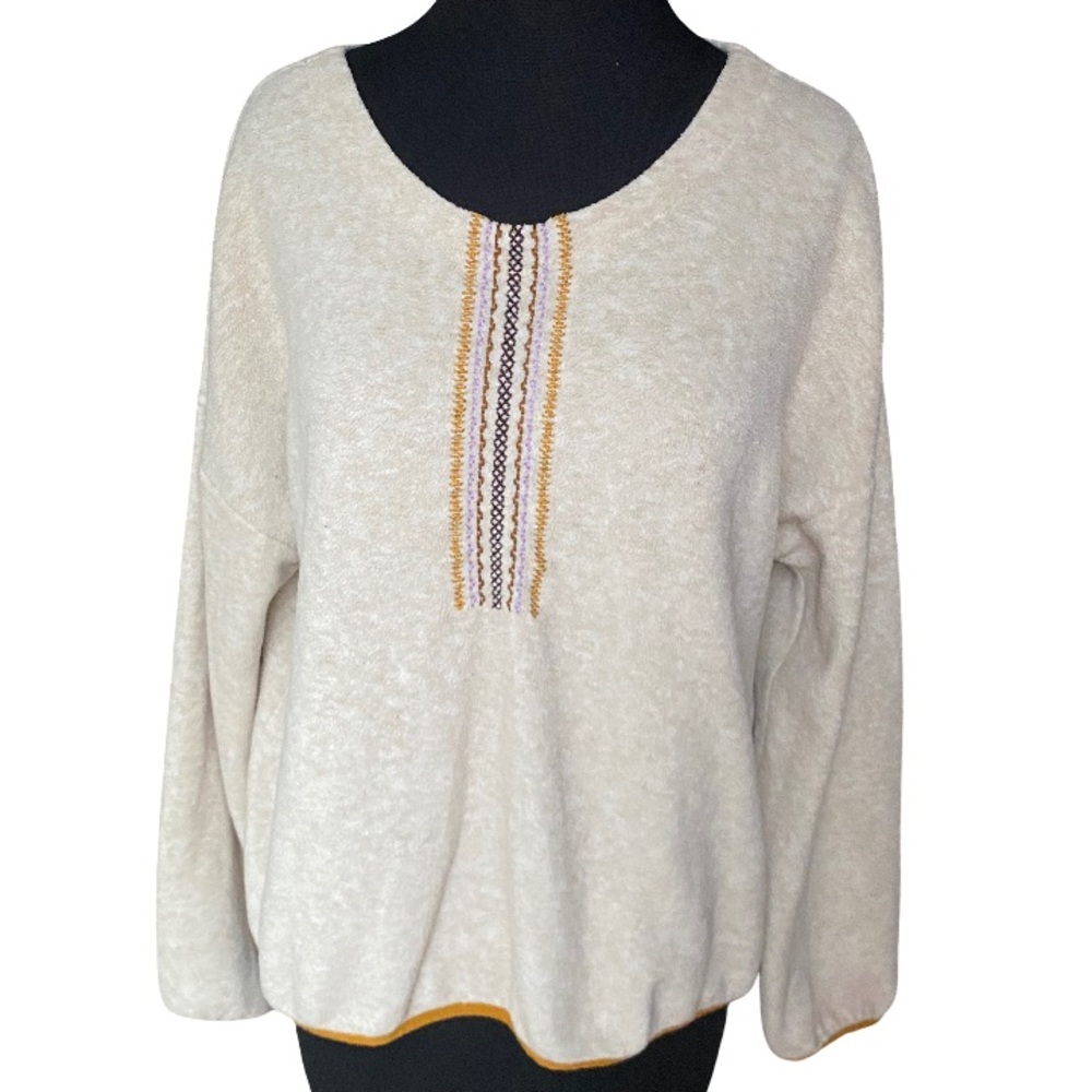 REI Cooperative fleece pullover cream embroidered peasant top size large